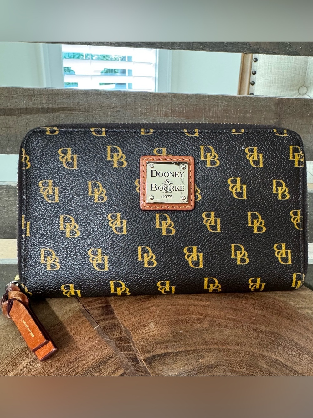 Dooney & Bourke Brown and Tan Signature Zip Wristlet Wallet